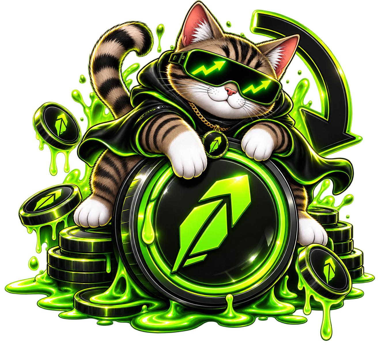 DRIP cat mascot leaning over a neon green token